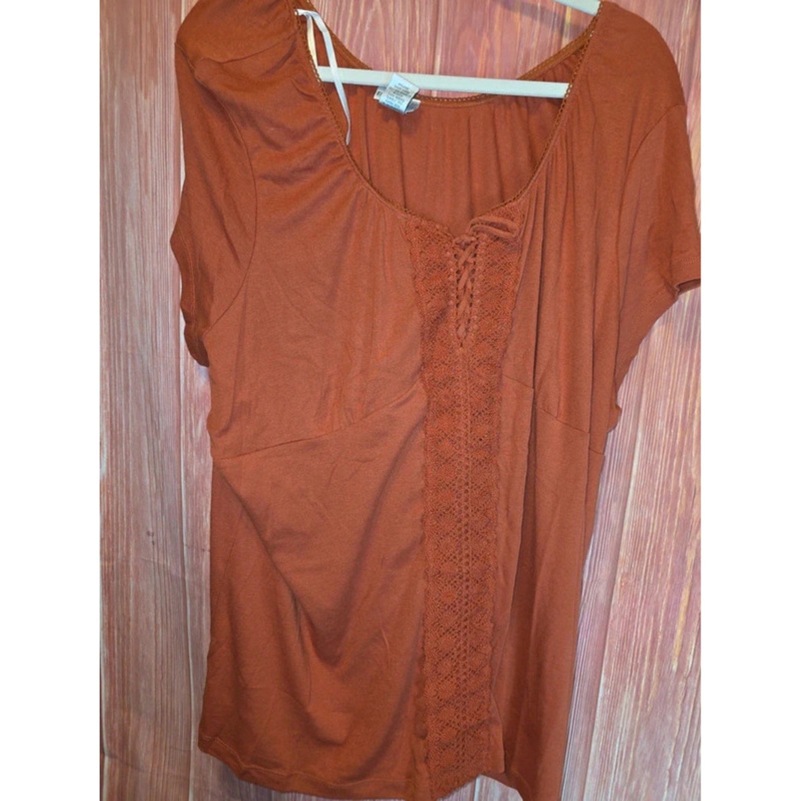 Fashion Bug Rust Terracotta Crochet Lace Up Peasant Top 30/32 Plus