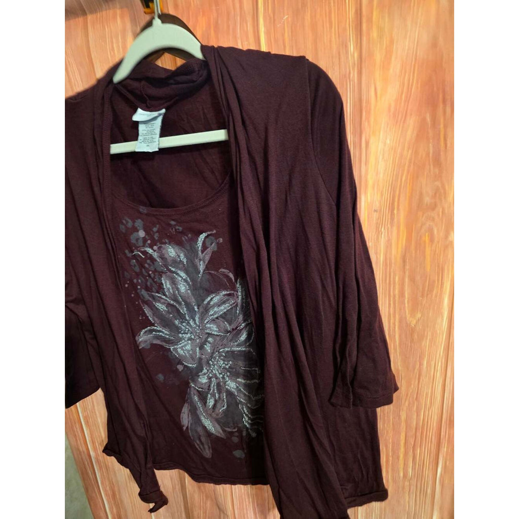 Jaclyn Smith Women's Plus Size 3X Burgundy Open Front Cardigan with Floral Graph