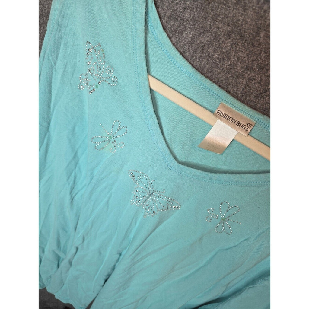 Fashion Bug Light Blue V-Neck Shirt with Rhinestone Butterfly and Flower Accents
