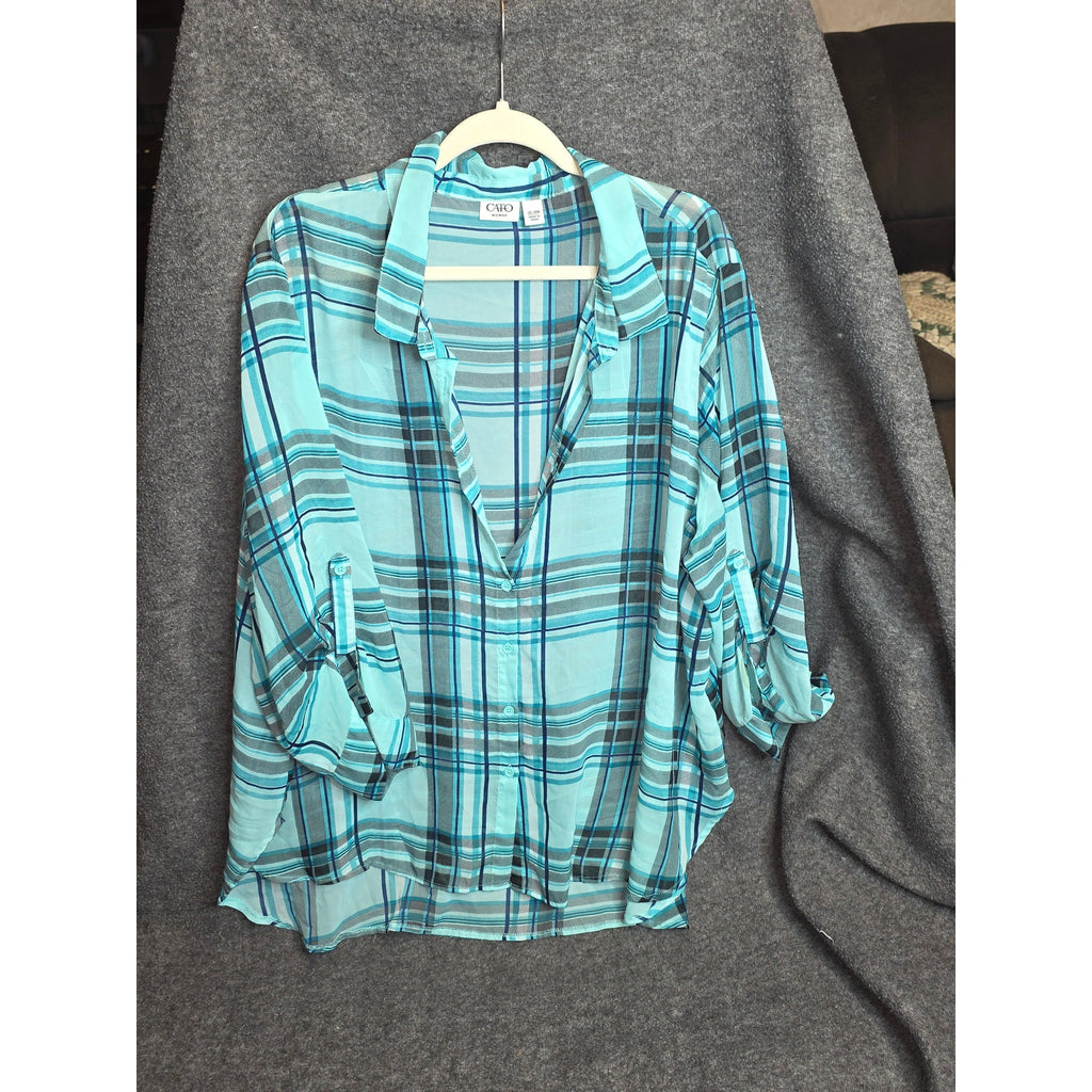 Cato Womens 26/28W Sheer Plaid Tunic Blouse Roll Tab Sleeve Aqua Teal Blue Casual