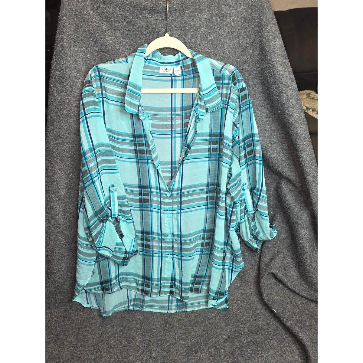Cato Womens 26/28W Sheer Plaid Tunic Blouse Roll Tab Sleeve Aqua Teal Blue Casual