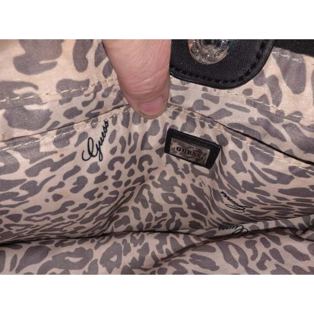 Guess Black Quilted Faux Leather Padlock Satchel Tote Bag Leopard Cheetah Lining