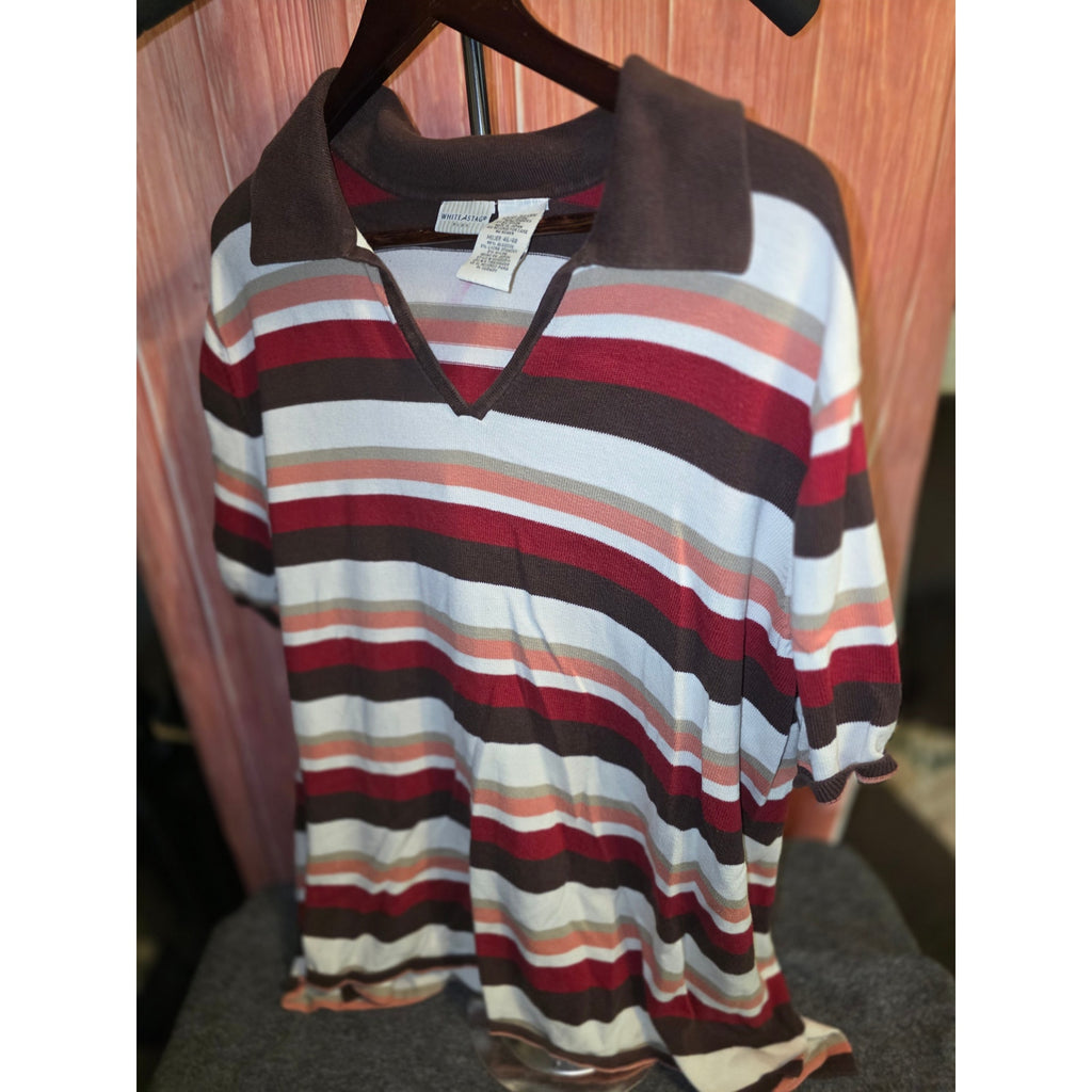 White Stag Plus 26W/28W Striped Knit Polo Top Short Sleeve Brown Burgundy Beige