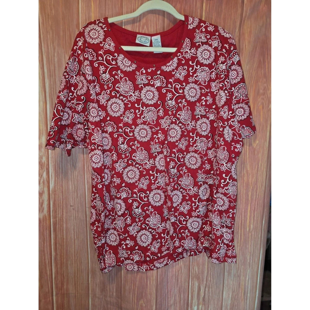 Carolina Blues Red Bandana Paisley Floral Studded Scoop Neck Top 24W