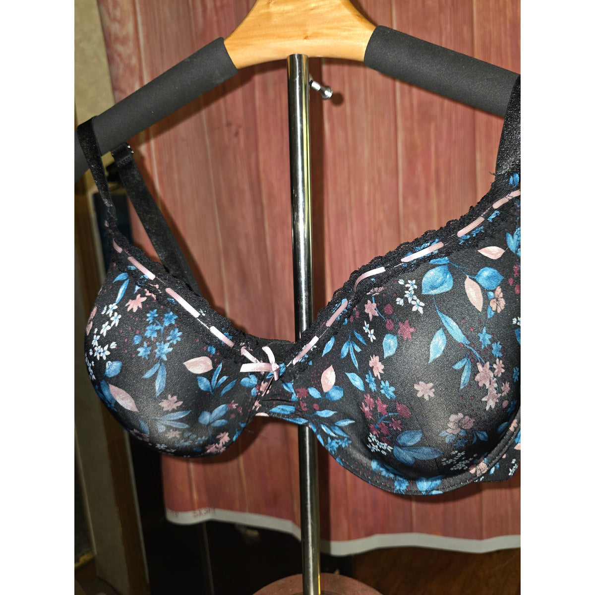 NWOT Just Be 42D Balconette Bra Black Blue Pink Floral Lace Underwire Ribbon