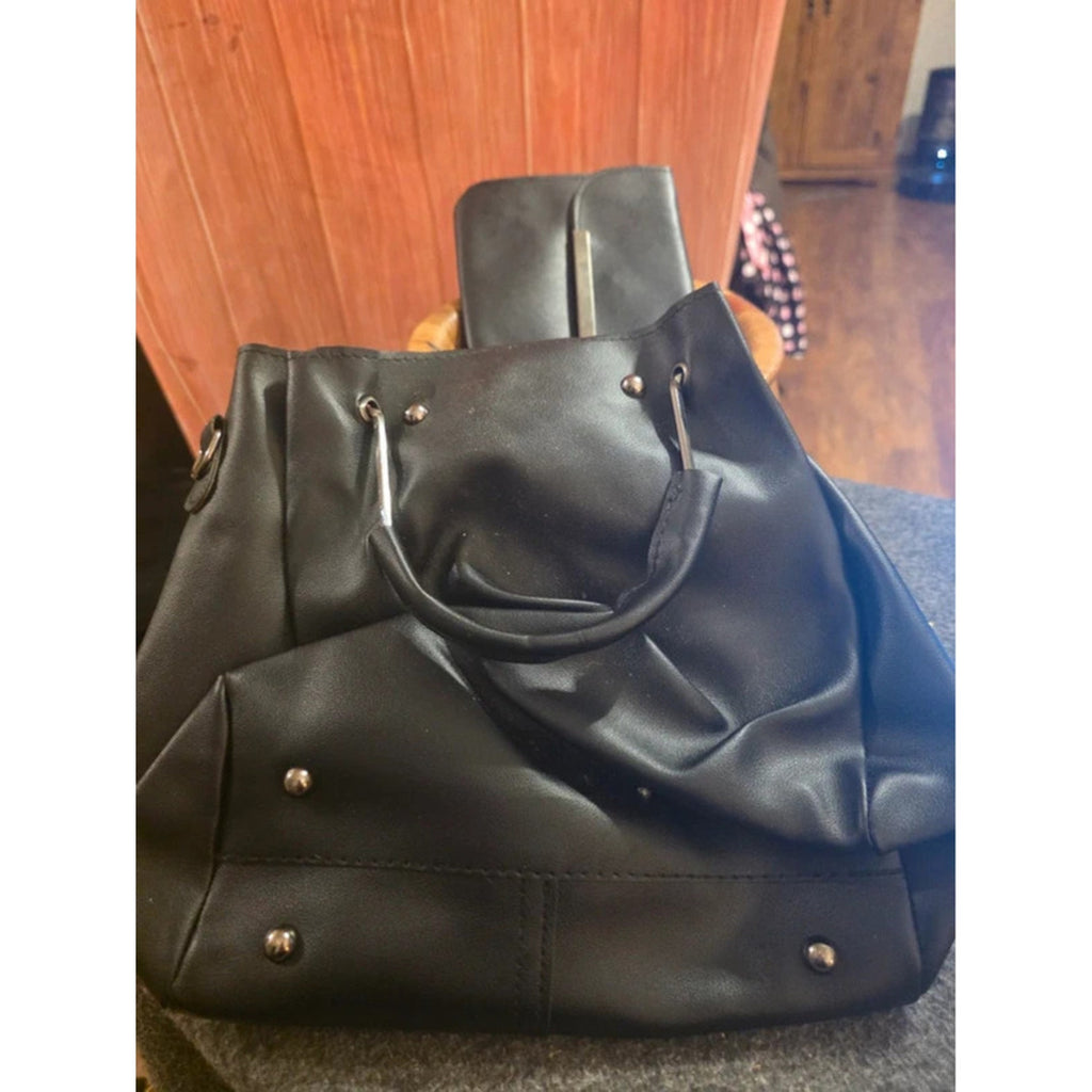 2 Pc Black Faux Leather Slouchy Bucket Shoulder Tote  & Matching Envelope Clutch