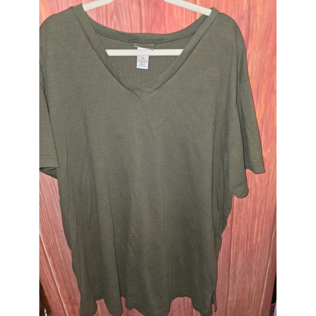 Fashion Bug Vintage Textured Knit V-Neck T-Shirt Top Olive Army Green 3X