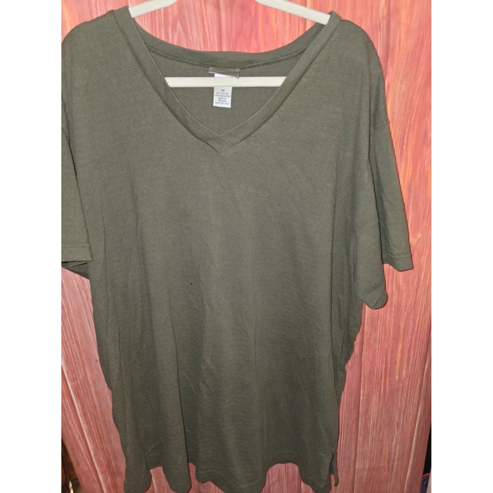 Fashion Bug Vintage Textured Knit V-Neck T-Shirt Top Olive Army Green 3X