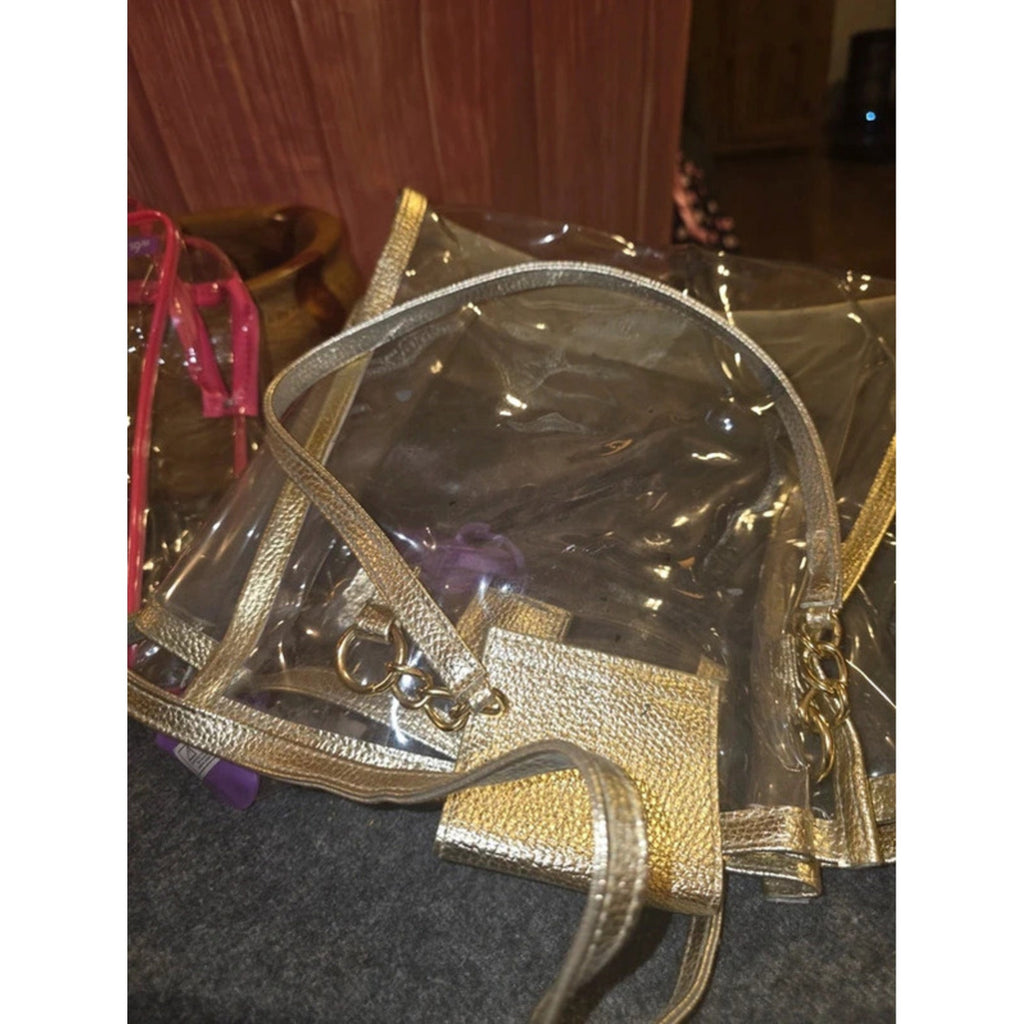 3 Clear Vinyl Stadium & Cosmetic Bags Gold Metallic Tote Pink Trim Case Purple