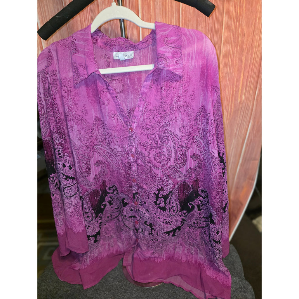 Fashion Bug Womens 4X Purple Paisley Chiffon Button Blouse Long Sleeve Layered