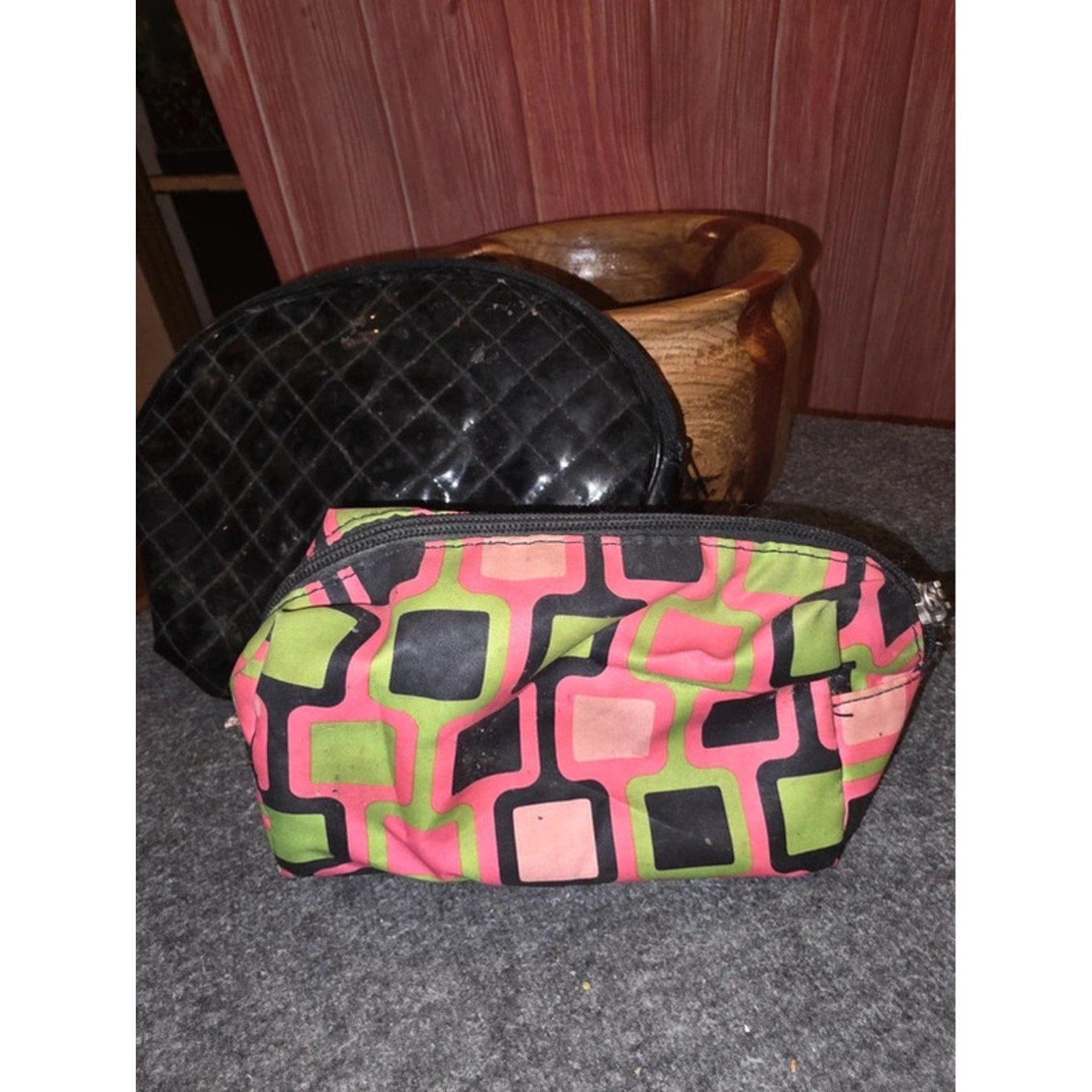 2 Makeup Bags Retro Mod Geometric Print Nylon & Black Quilted Patent Dome Pouch