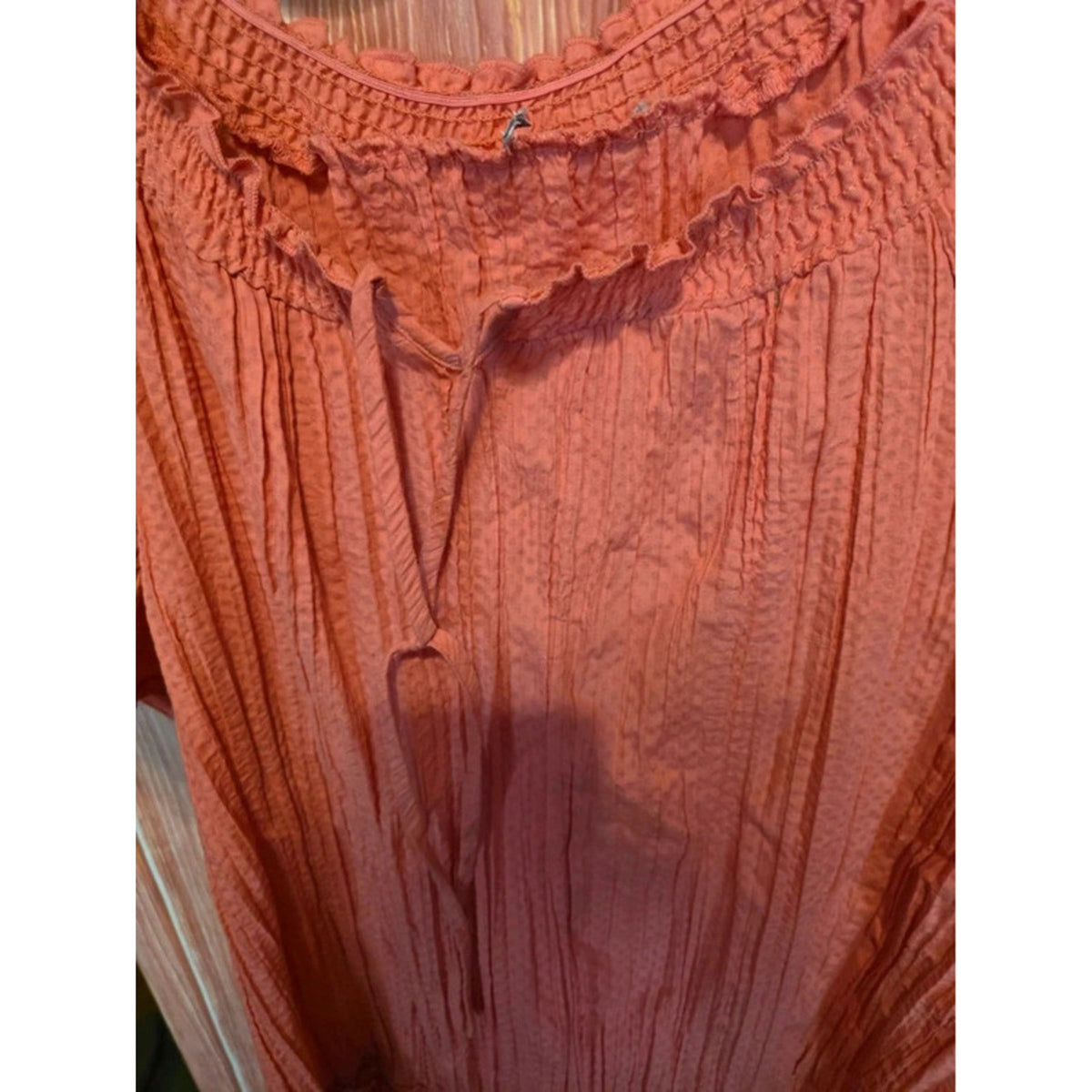 Boho Peasant Blouse Top Coral Salmon Crinkle Textured Smocked Scoop Neck
