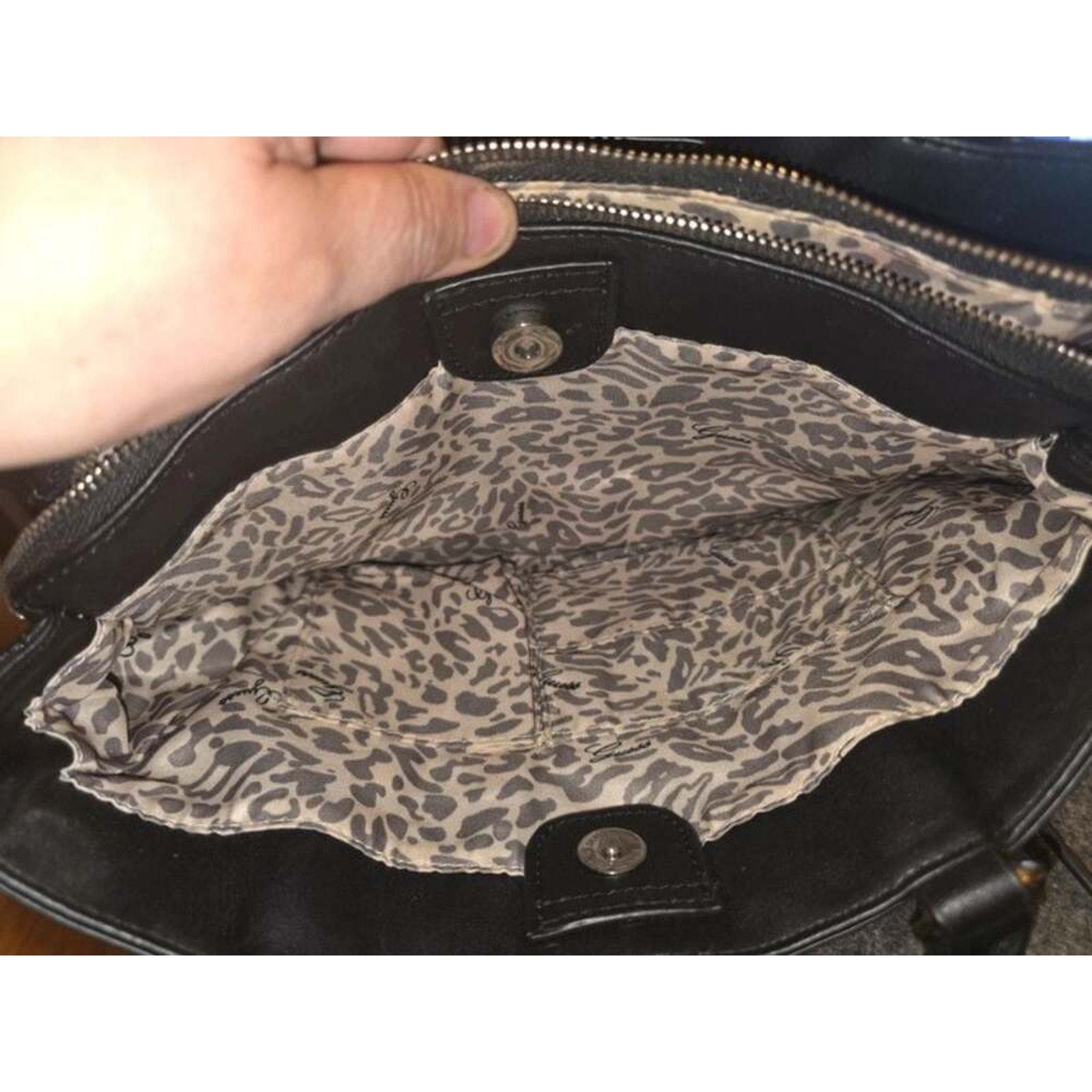 Guess Black Quilted Faux Leather Padlock Satchel Tote Bag Leopard Cheetah Lining