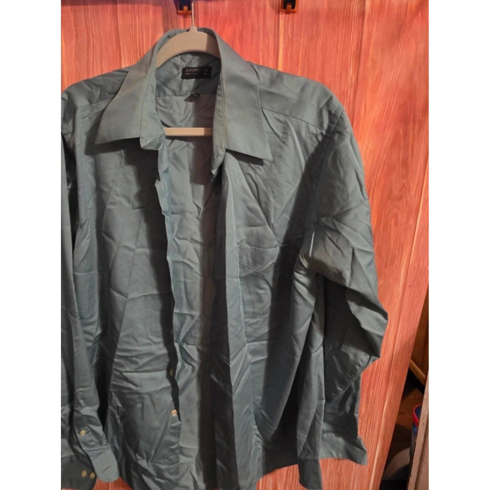 Arrow Mens Large Wrinkle Free Dress Shirt Long Sleeve Sage Mint Green 16.5 36/37