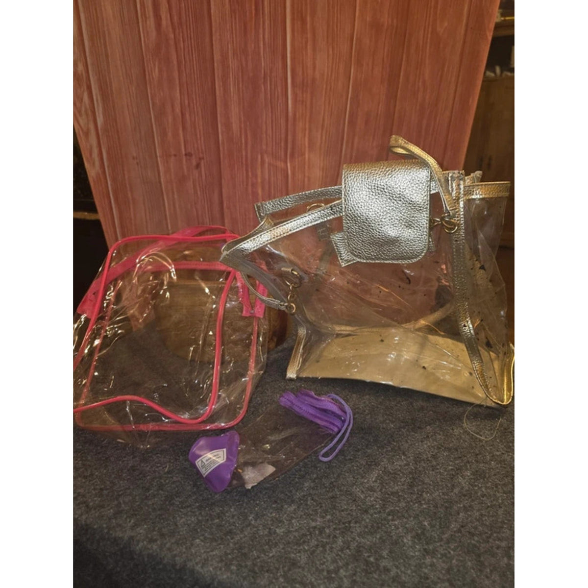 3 Clear Vinyl Stadium & Cosmetic Bags Gold Metallic Tote Pink Trim Case Purple