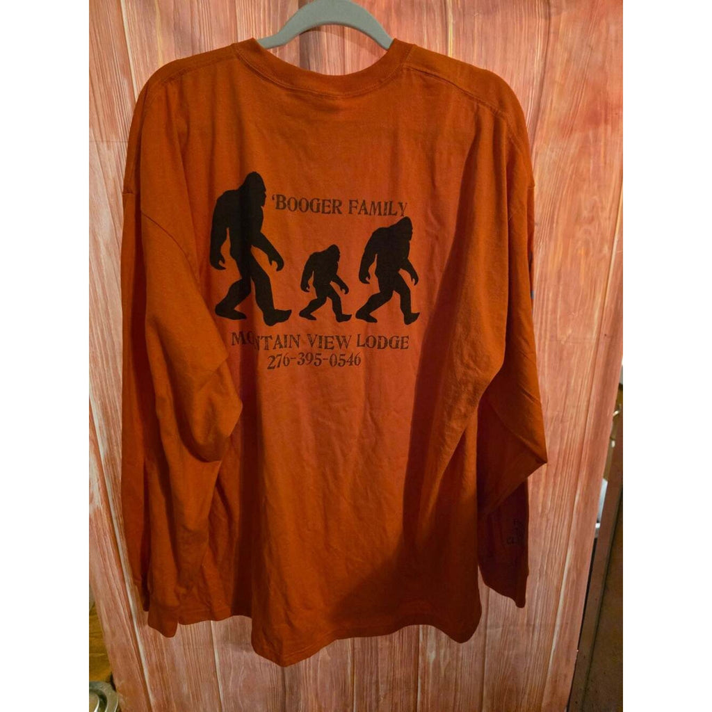 Jerzees Mountain View Lodge Booger Family Bigfoot Orange Long Sleeve T-Shirt