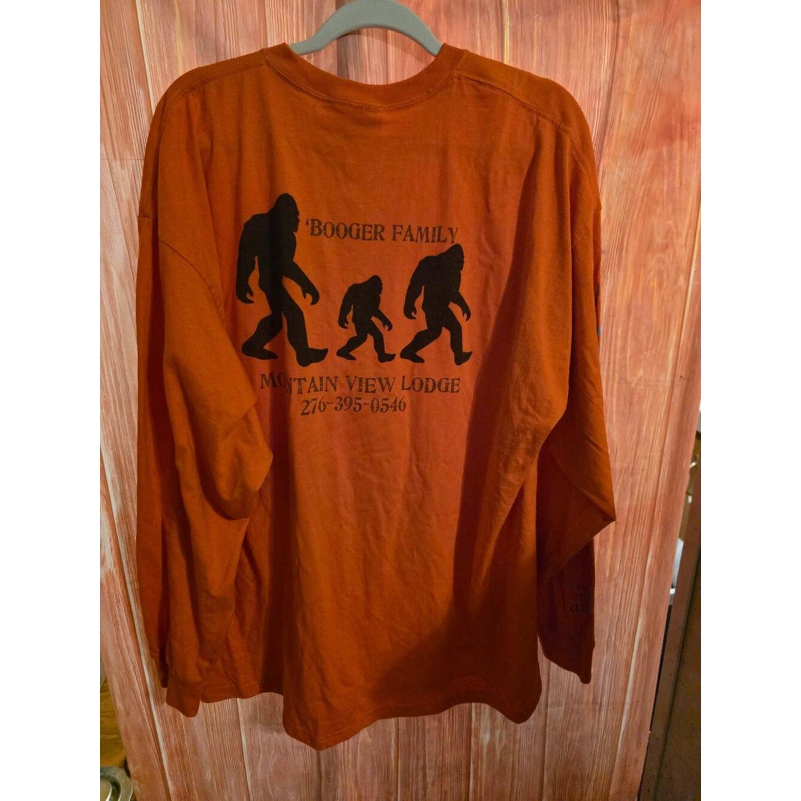 Jerzees Mountain View Lodge Booger Family Bigfoot Orange Long Sleeve T-Shirt