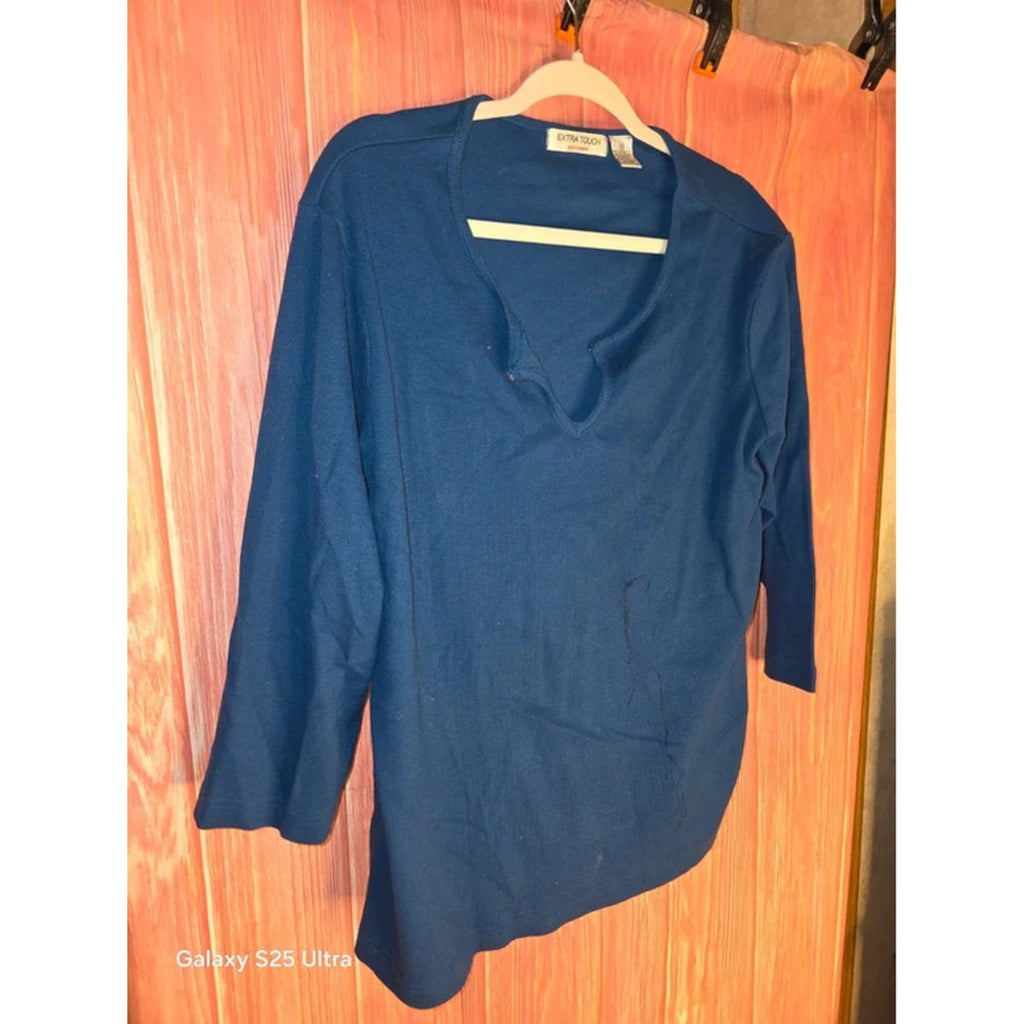 Extra Touch Sportswear Ribbed Knit Split Neck Top 3X Navy Blue