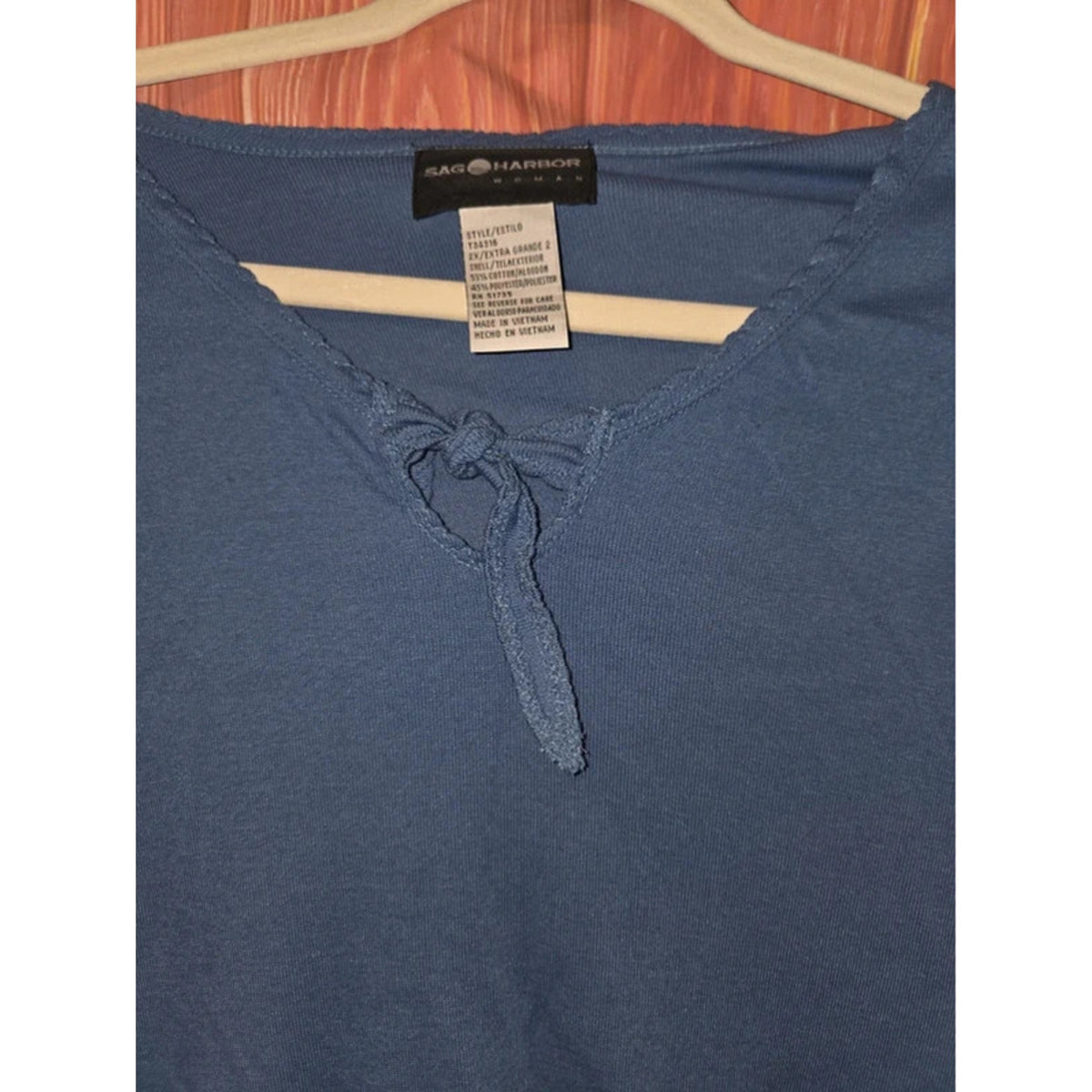 Sag Harbor Woman Slate Blue Picot Trim Tie Neck 3/4 Sleeve Top Size 2X