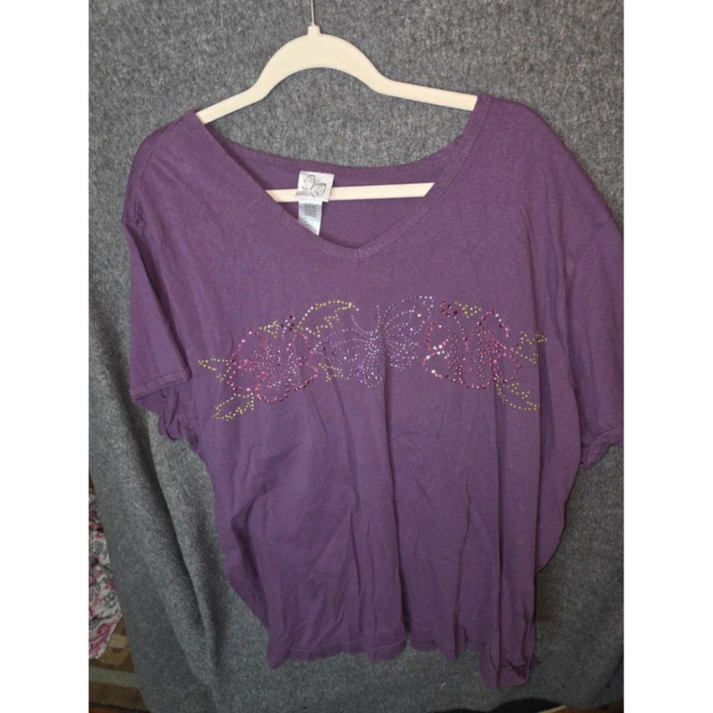 Purple V-Neck Short Sleeve Top with Butterfly Rhinestone Design