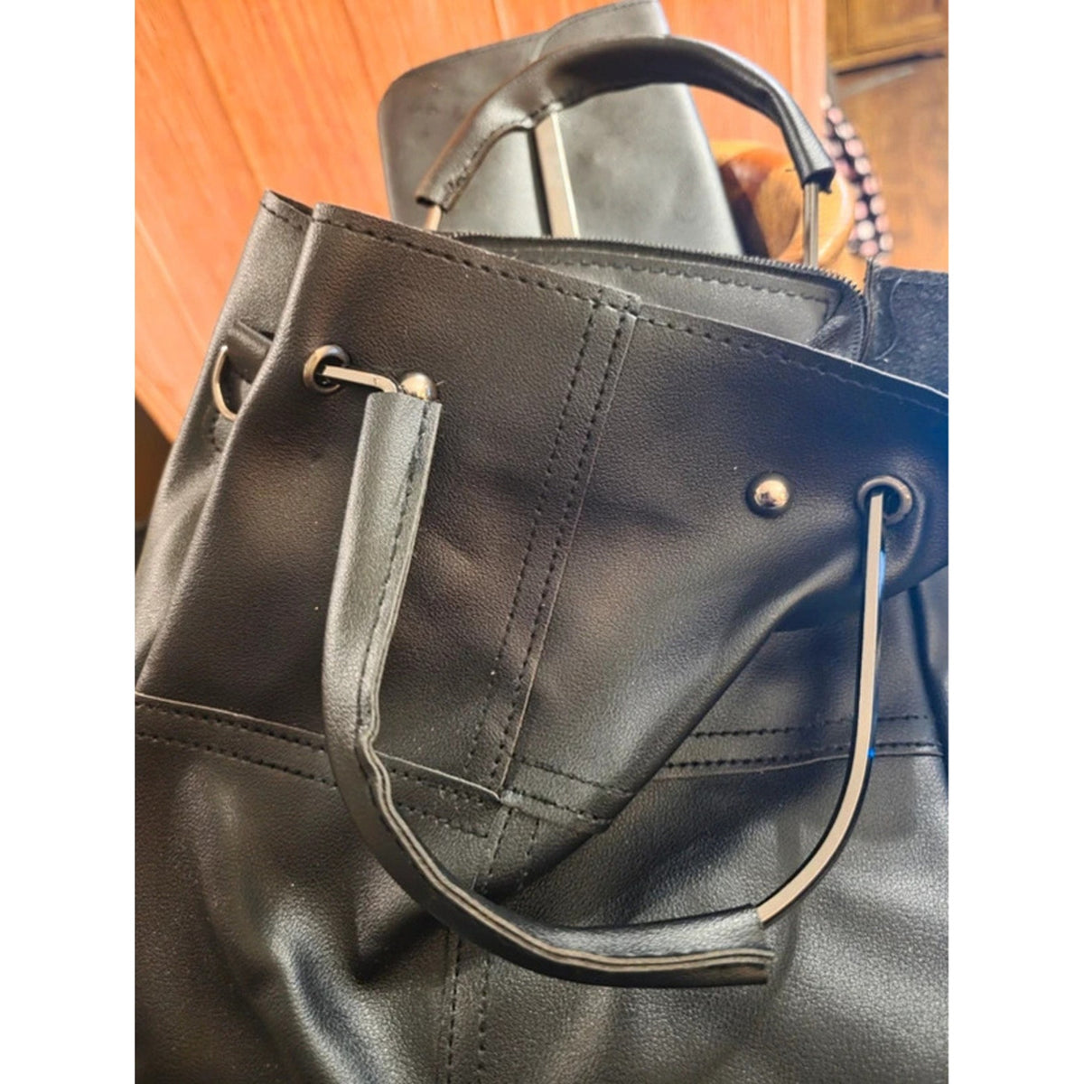 2 Pc Black Faux Leather Slouchy Bucket Shoulder Tote  & Matching Envelope Clutch