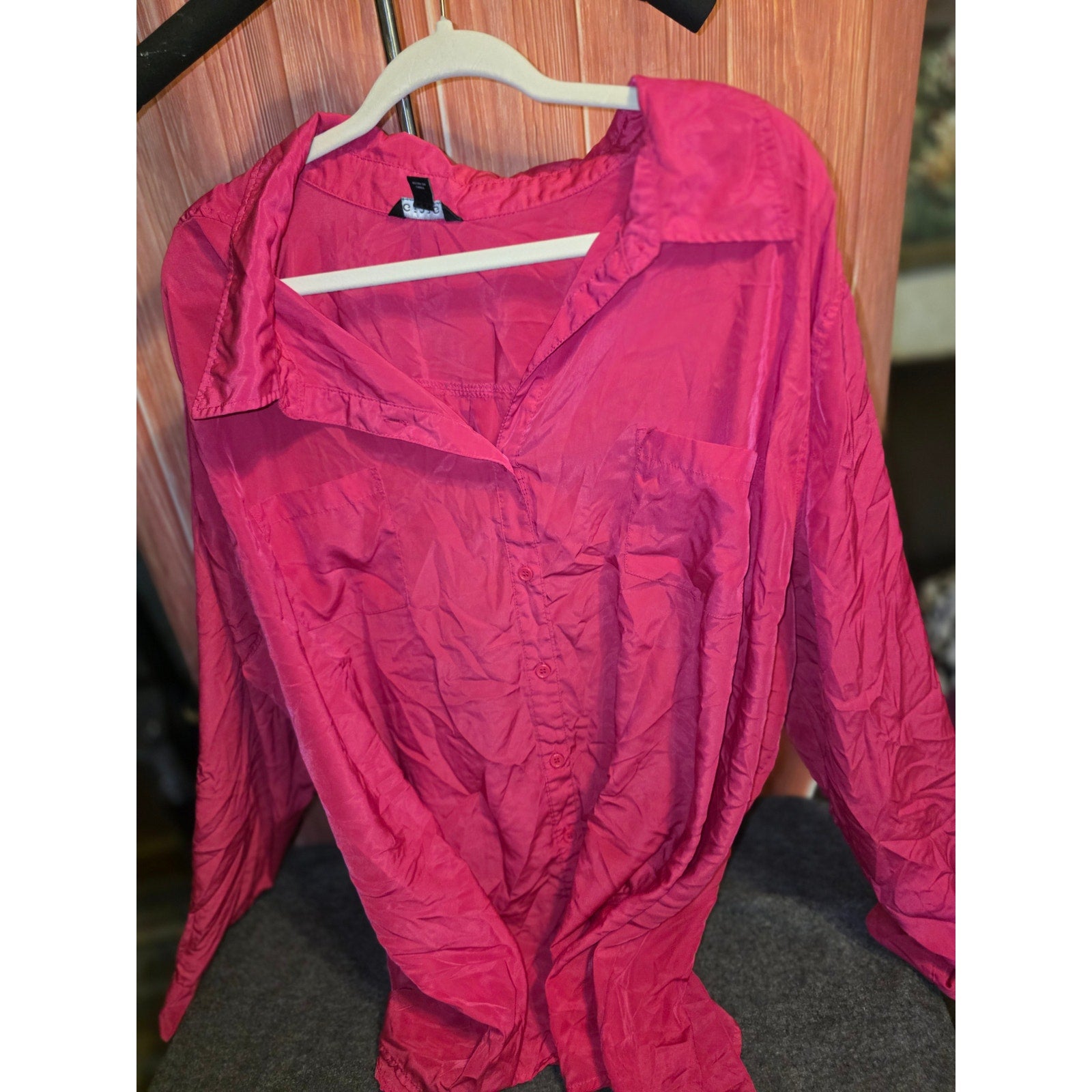 George Womens 4X 26W/28W Hot Pink Button Down Shirt Blouse Long Sleeve Utility Pockets