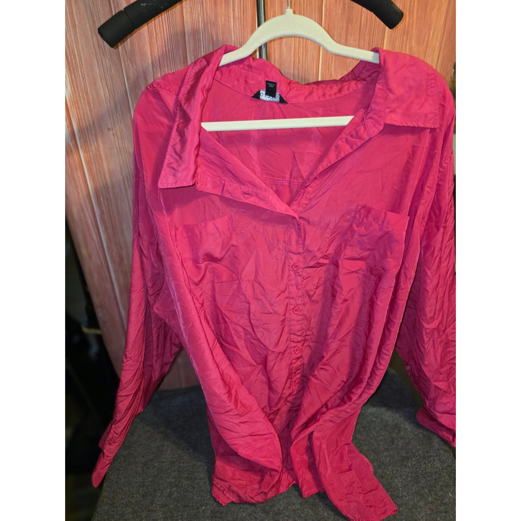 George Womens 4X 26W/28W Hot Pink Button Down Shirt Blouse Long Sleeve Utility Pockets