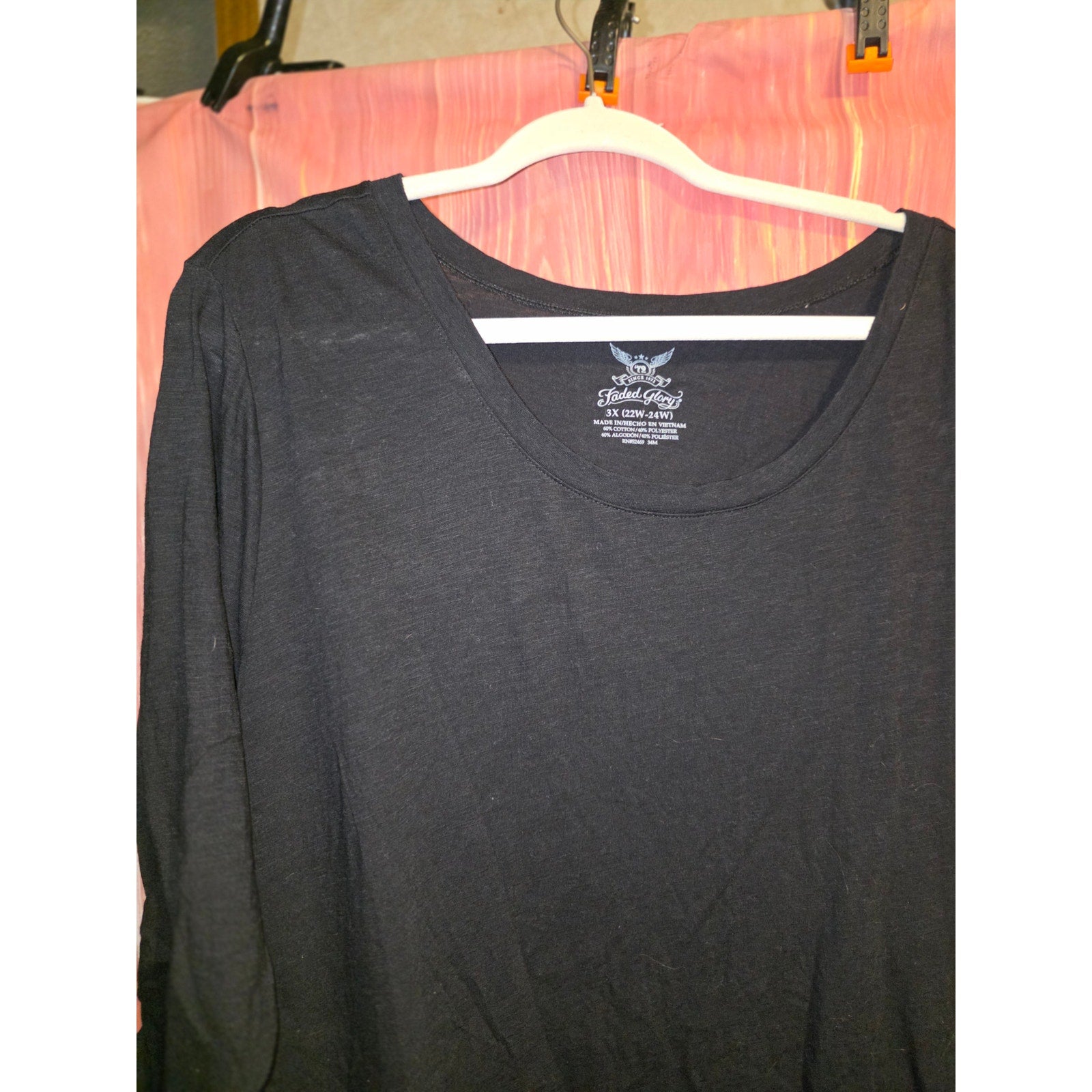 Faded Glory Womens 3X 22W/24W Black Sharkbite Hem Tunic Top 3/4 Ruched Sleeve Tee