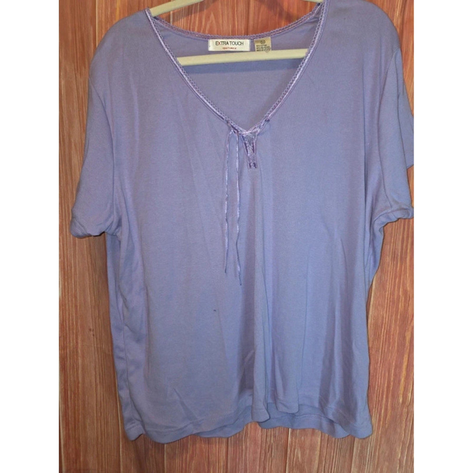 Extra Touch Sportswear Lavender Purple Ribbon Lace V-Neck Top 3X Plus