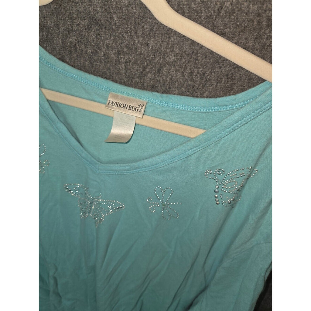 Fashion Bug Light Blue V-Neck Shirt with Rhinestone Butterfly and Flower Accents