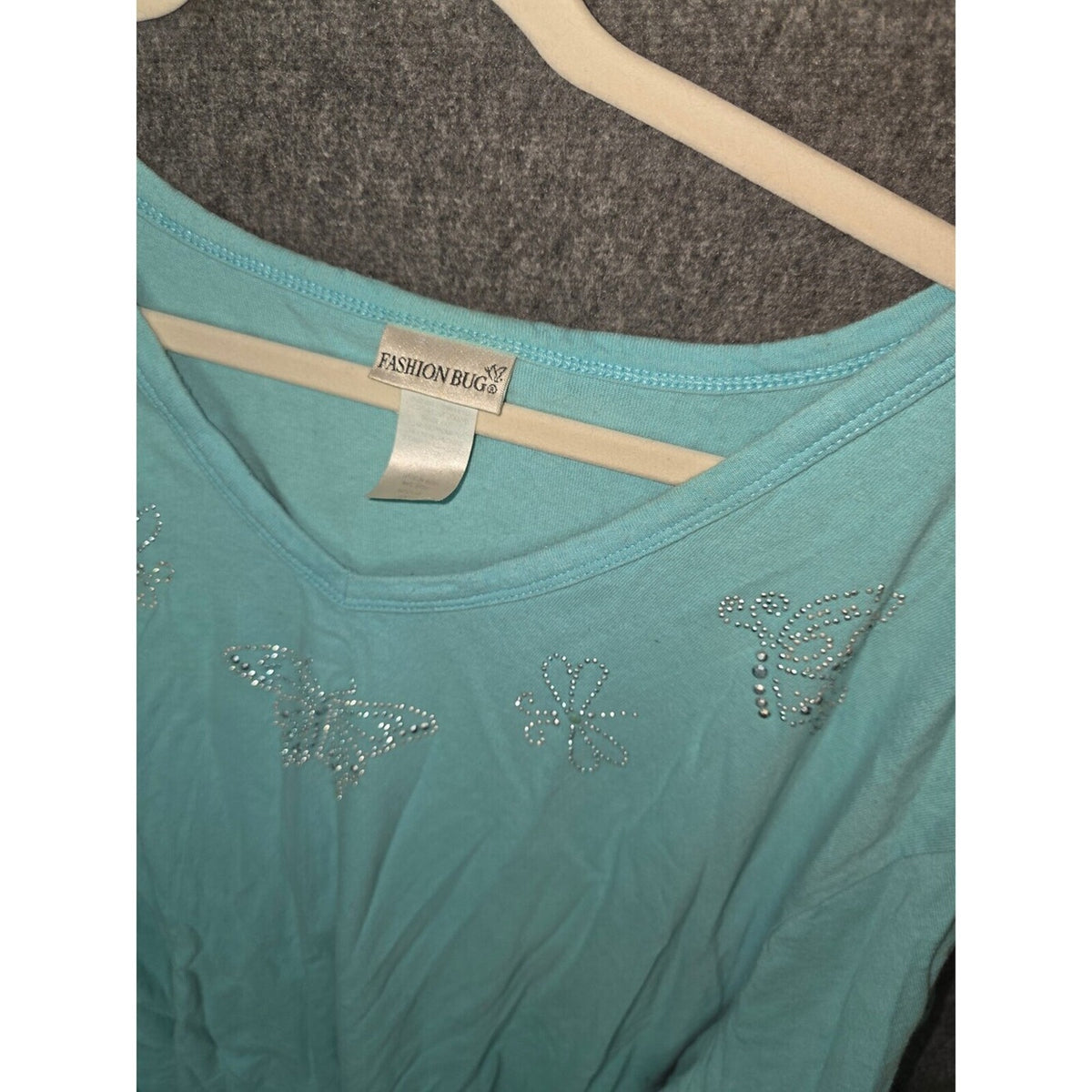Fashion Bug Light Blue V-Neck Shirt with Rhinestone Butterfly and Flower Accents
