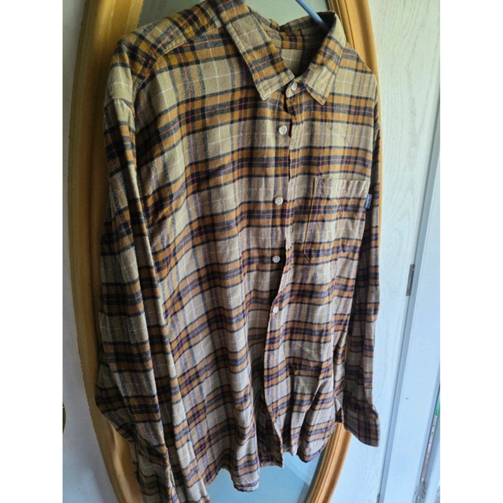 Eddie Bauer Mens Size XL Mustard Yellow Navy Plaid Soft Flannel Outdoor Shirt