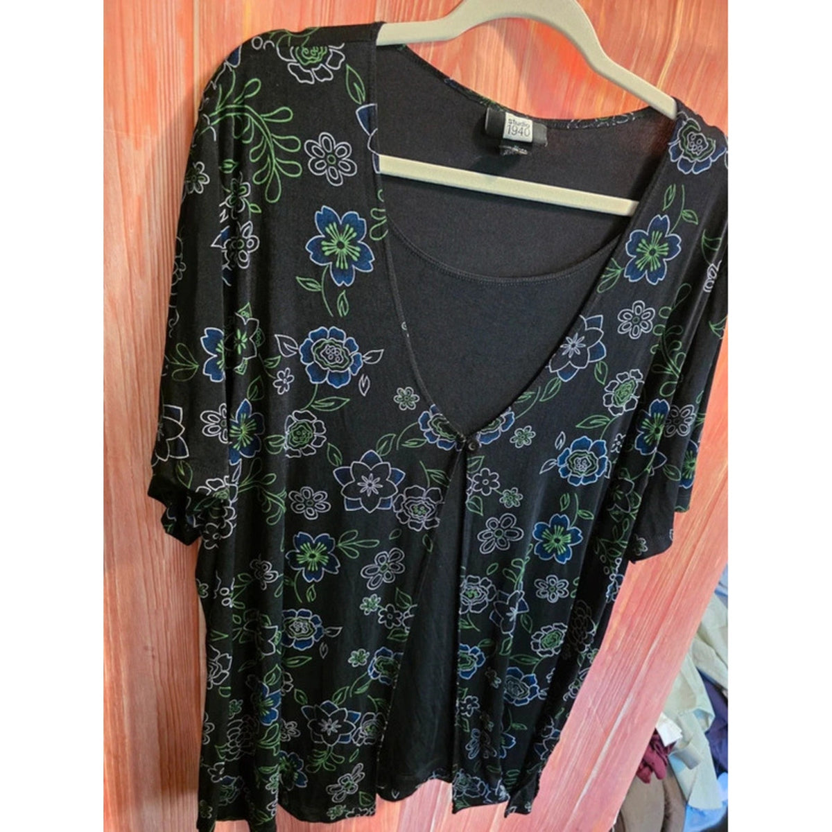 Studio 1940 Womens Plus 3X 2-in-1 Layer Floral Cardigan Top Black Blue Green USA