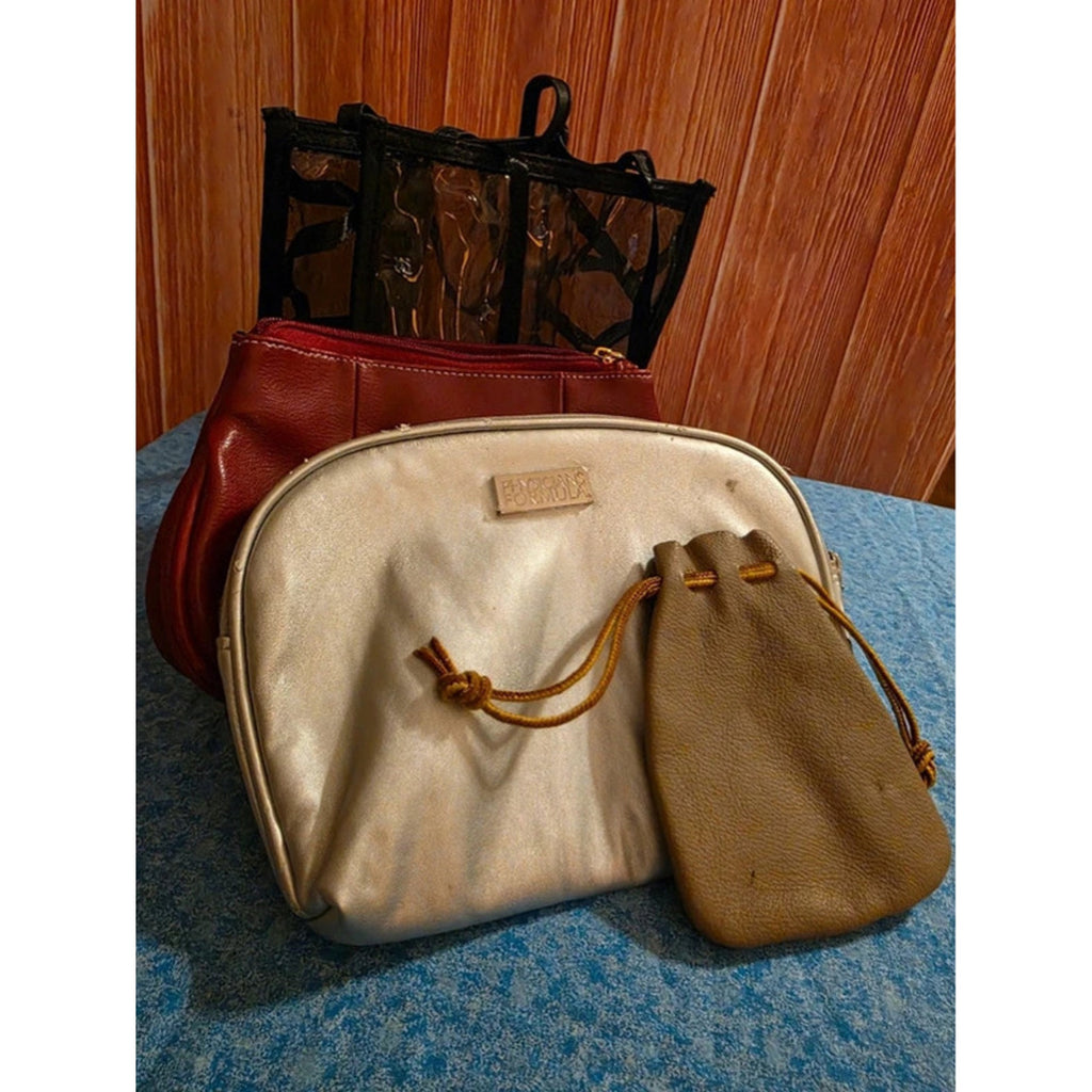 4 Cosmetic Bags Physicians Formula Silver Clear Corset Red Pouch Tan Drawstring