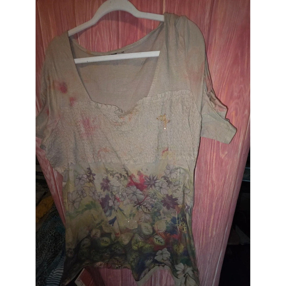 Boho 2X Smocked Bodice Floral Rhinestone Cold Shoulder Tunic Top Plus