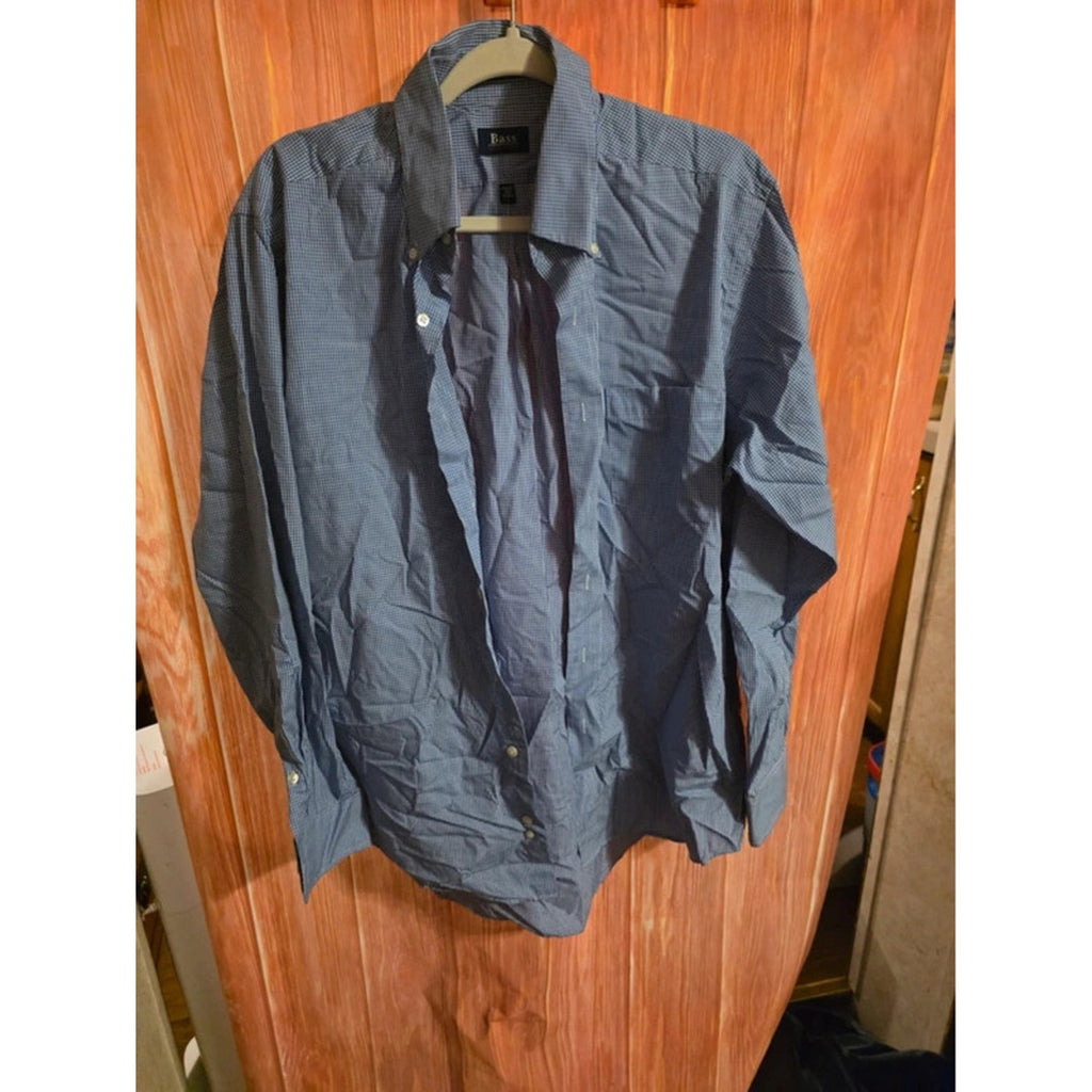 GH Bass Mens Large Button Down Shirt Long Sleeve Blue Micro Gingham 16-16.5