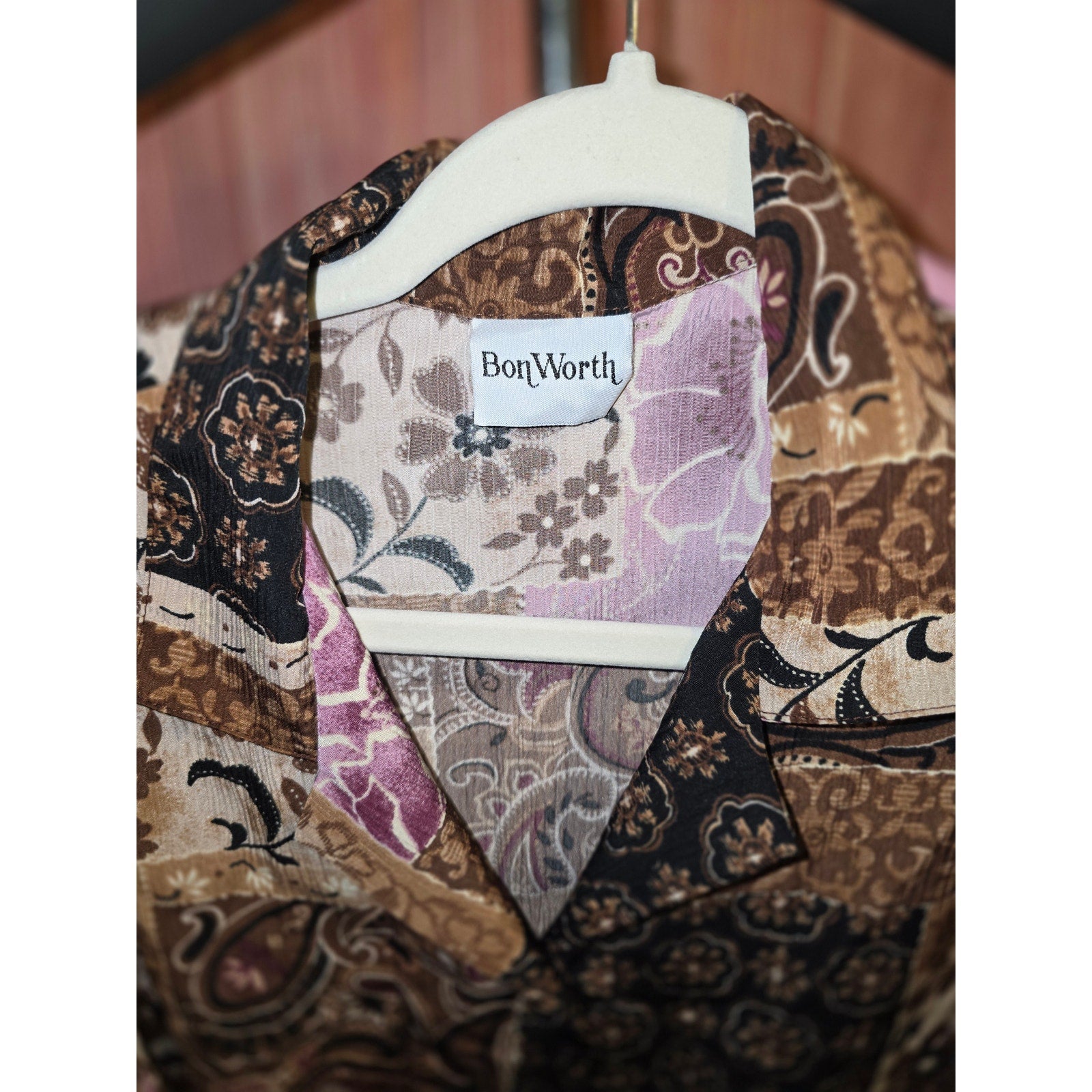 Bon Worth Womens 26/28 Plus Patchwork Paisley Floral Textured Knit Button Shirt