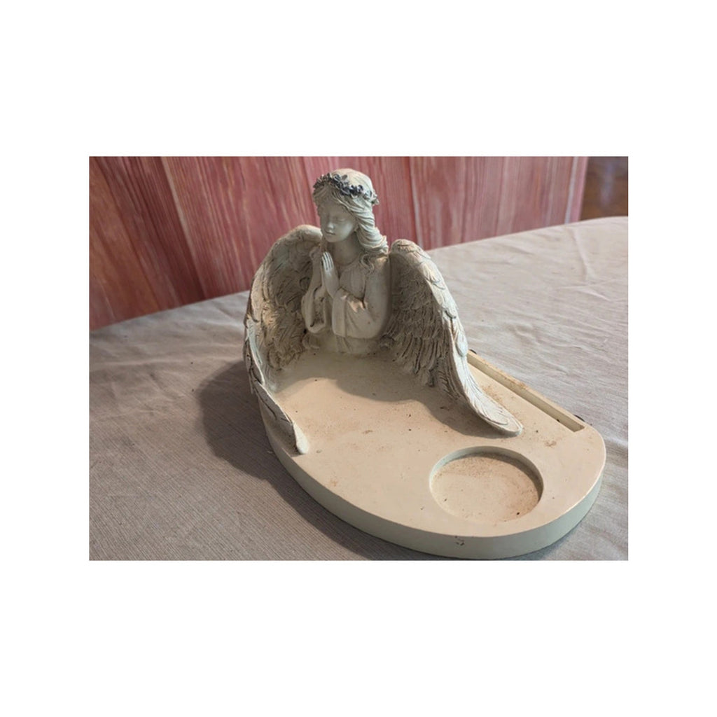 Off-White Praying Angel Resin Display Stand w/ Candle Well & Photo Slot