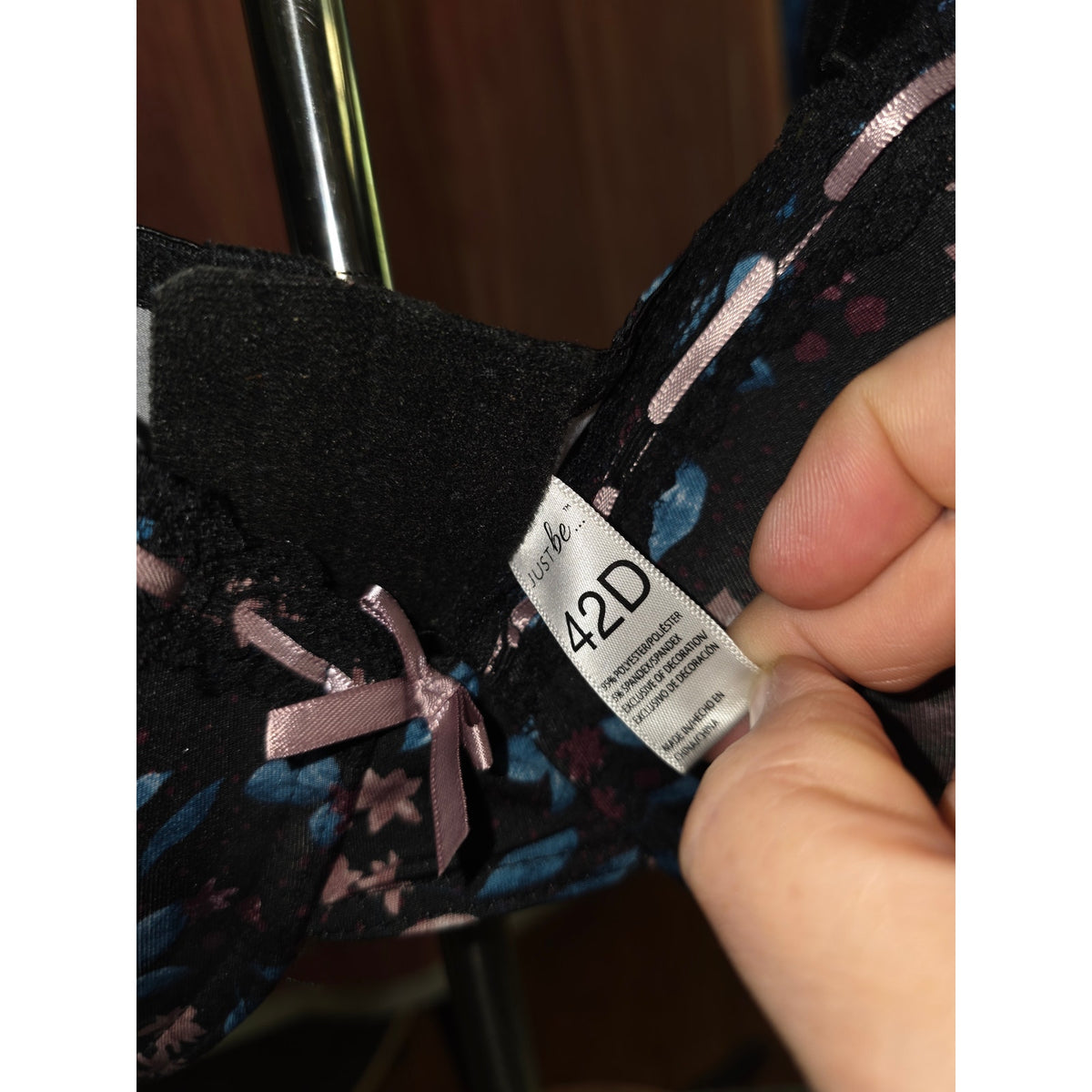 NWOT Just Be 42D Balconette Bra Black Blue Pink Floral Lace Underwire Ribbon