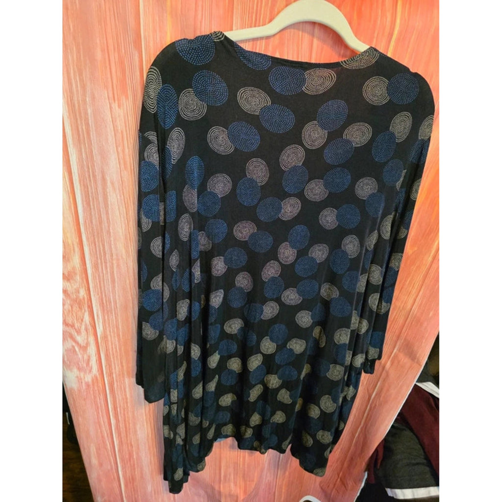 2-in-1 3X Layer Cardigan Top Abstract Swirl Dot Print Slate Blue Black Draped Tunic