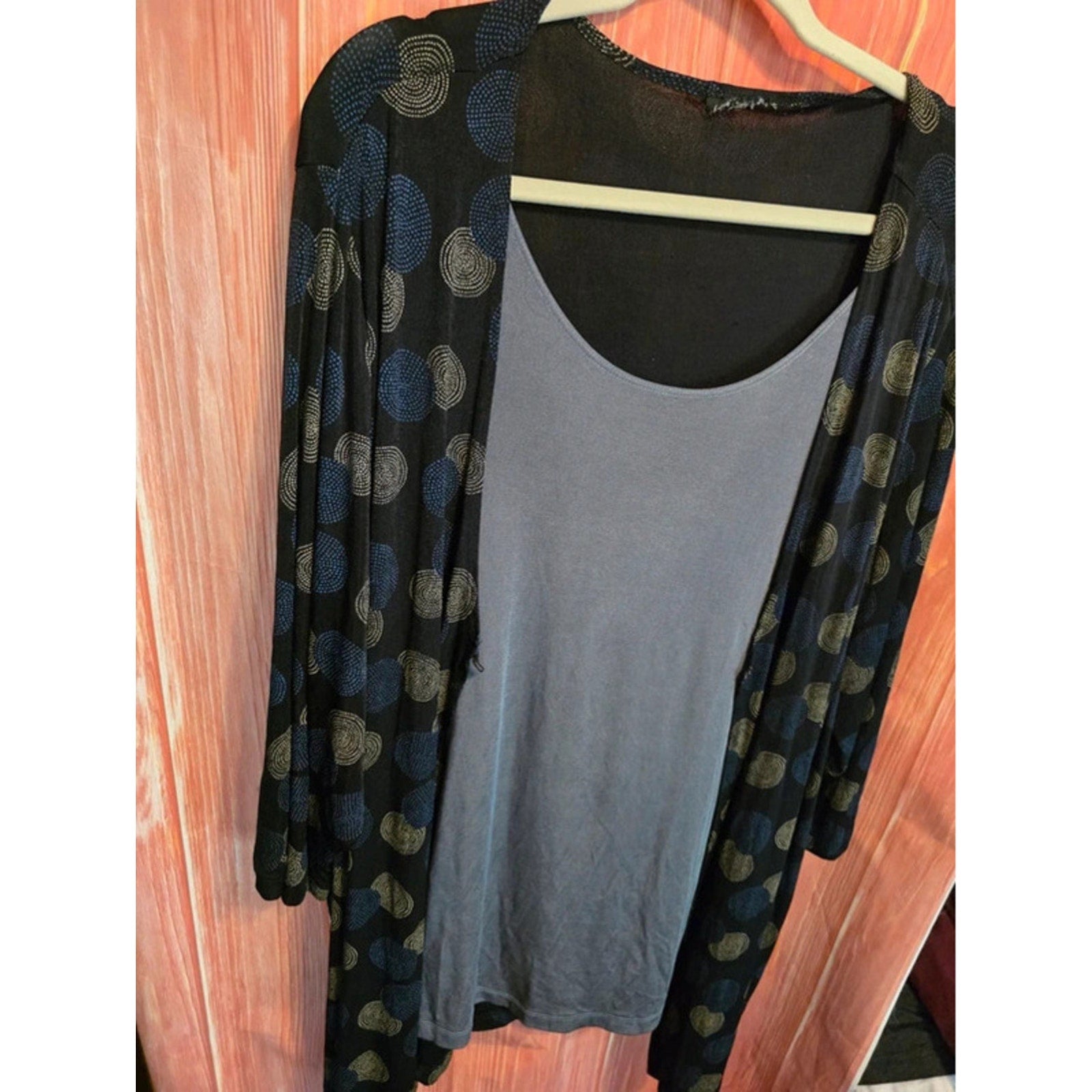 2-in-1 3X Layer Cardigan Top Abstract Swirl Dot Print Slate Blue Black Draped Tunic