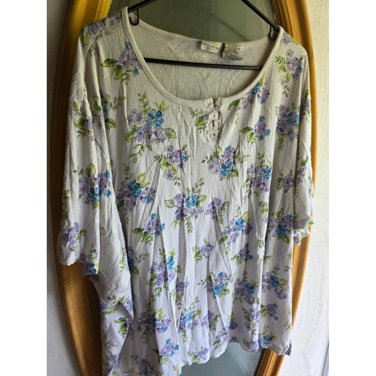 White Stag Plus 30W/32W Purple Blue Floral Crinkle Knit Cottagecore Blouse Top