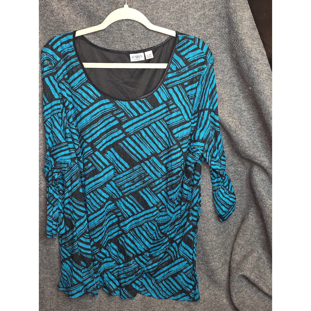 Cato Womens 26/28 Plus Geometric Textured Knit Top 3/4 Ruched Sleeve Teal Black