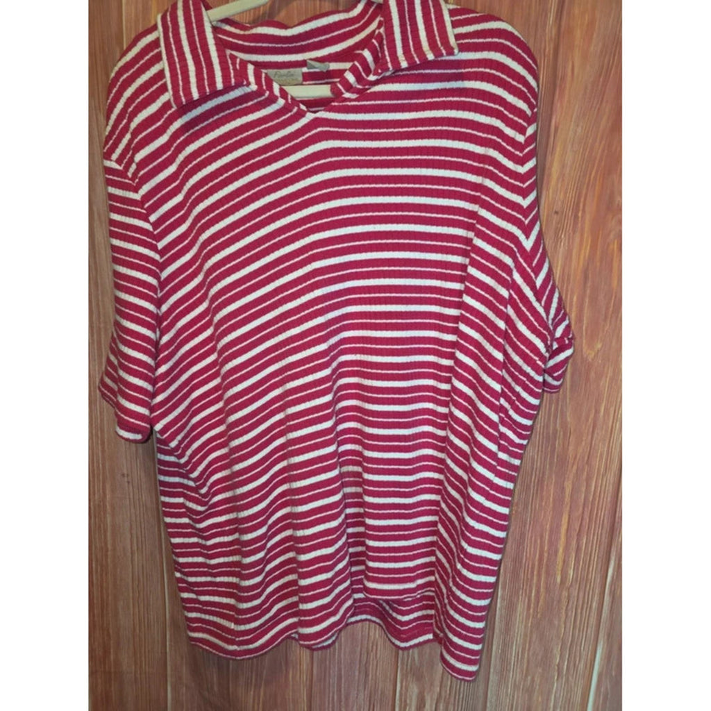 Fiorlini International Plus Red White Striped Johnny Collar Ribbed Top 26/28
