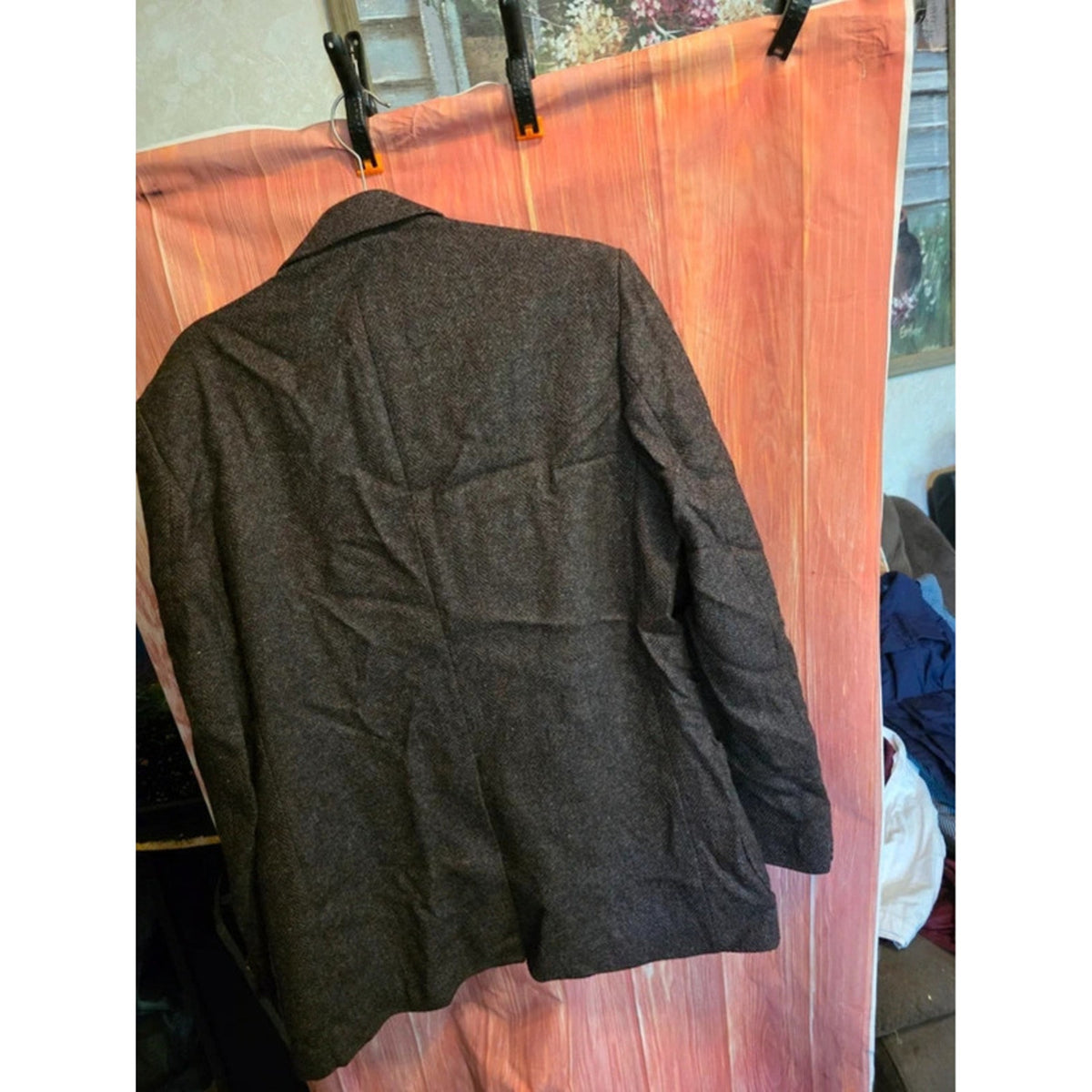 Vintage Wm F Farah Mens 100% Pure Wool Tweed Herringbone Blazer Sport Coat Brown