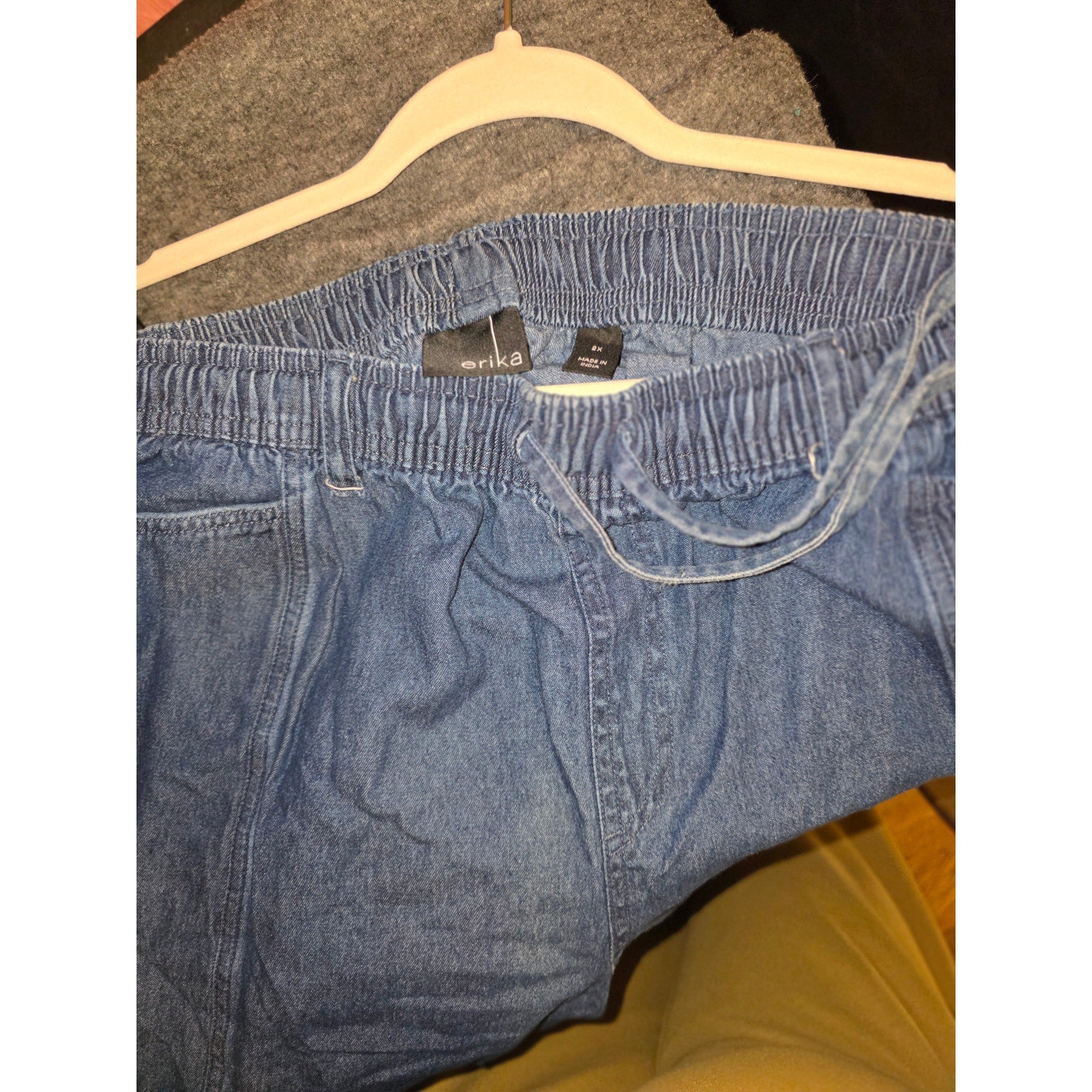 Erika Womens 2X Denim Chambray Pull On Cropped Pants Elastic Drawstring Blue