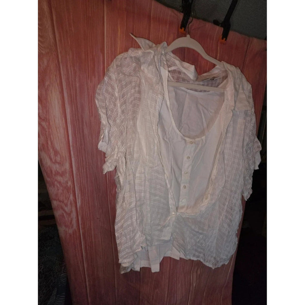 Carolina Colours Plus White Sheer Plaid Layered 2-in-1 Button Top 26W Cotton