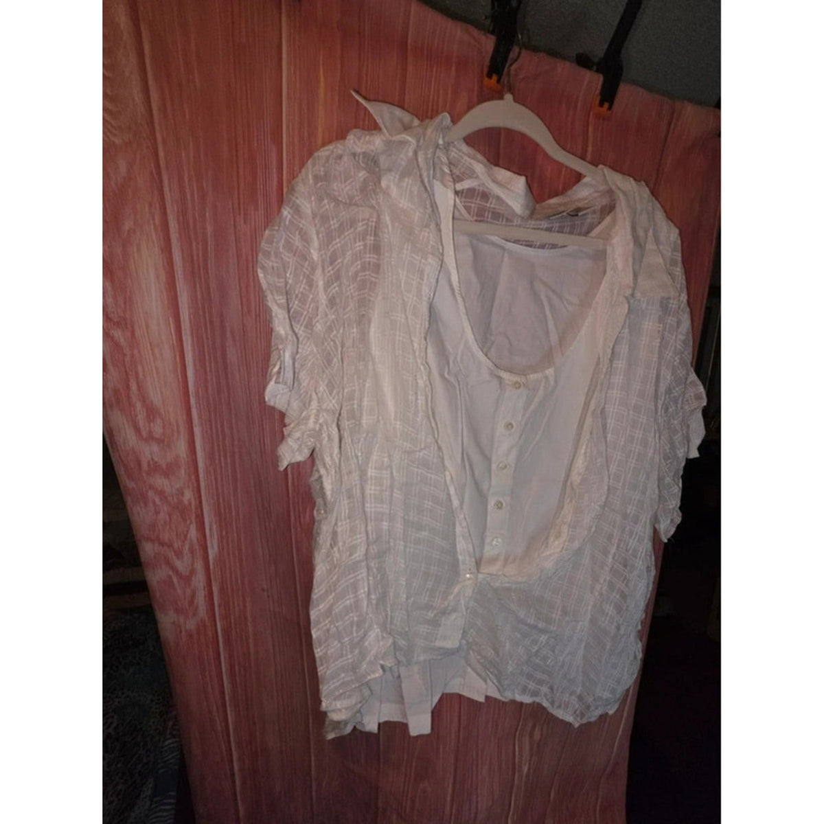 Carolina Colours Plus White Sheer Plaid Layered 2-in-1 Button Top 26W Cotton