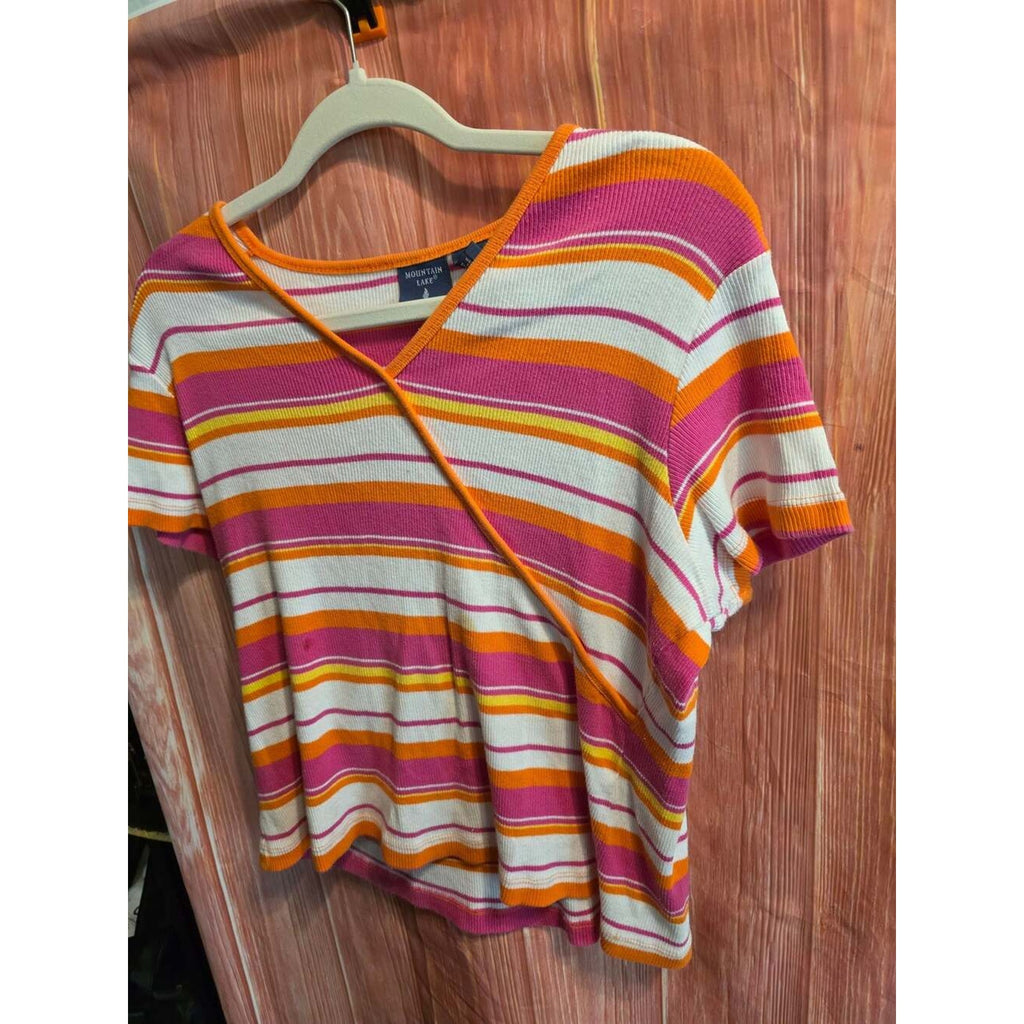Mountain Lake Short Sleeve Striped V-Neck Wrap Knit T-Shirt Medium