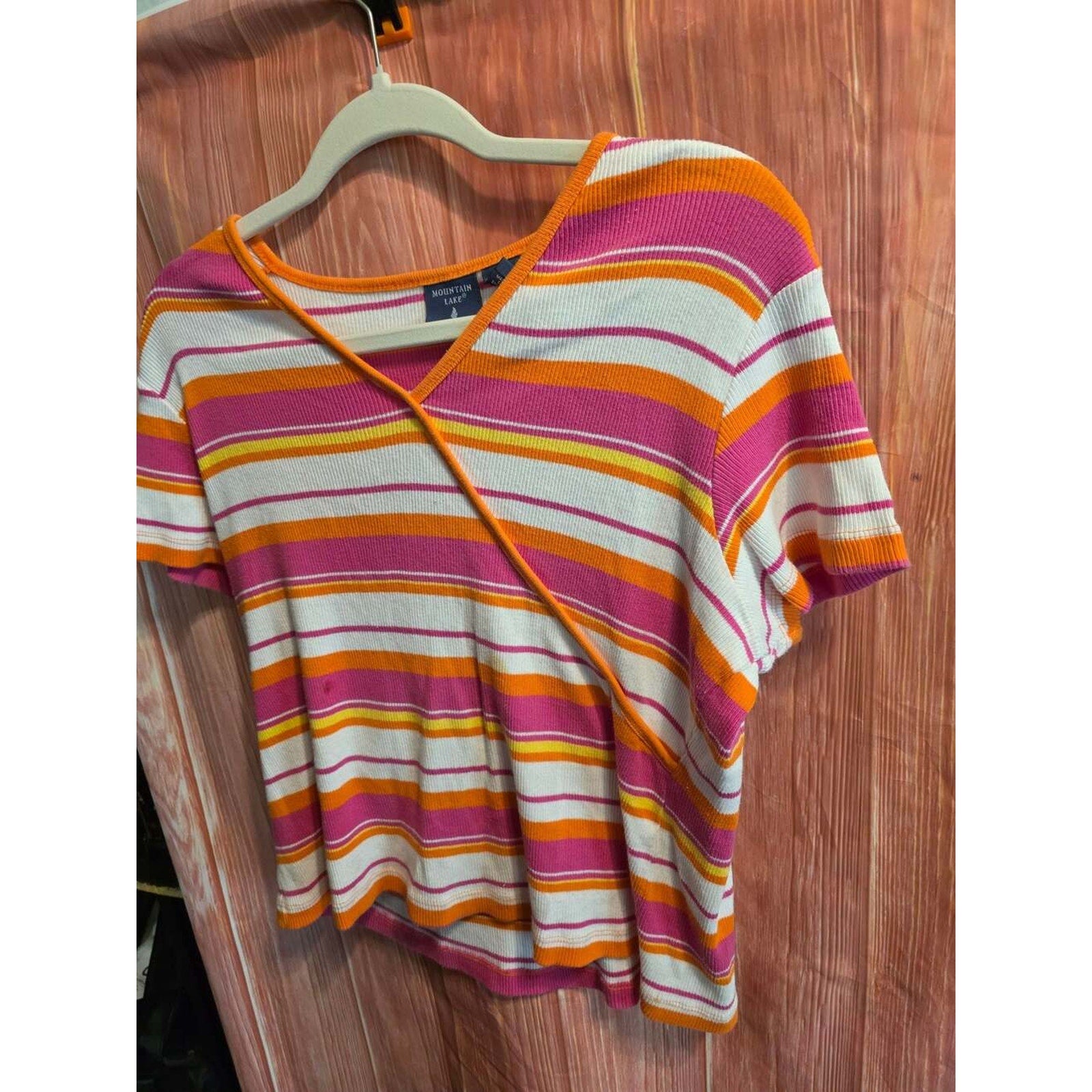 Mountain Lake Short Sleeve Striped V-Neck Wrap Knit T-Shirt Medium